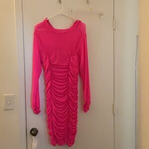 Vibrant Pink Ruched Long Sleeve Dress